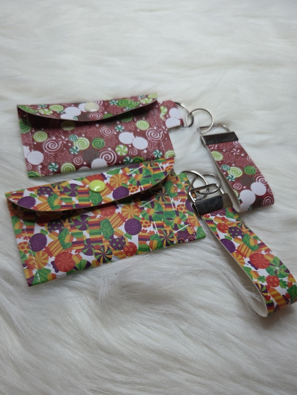 Christmas Candy Patterned Designed Faux Leather Wristlet and Coin Pouch Set
